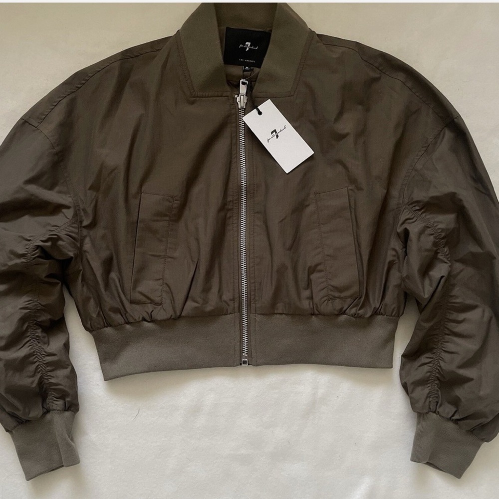 NWOT 7 For All Mankind Khaki Olive Green Cropped Bomber Jacket